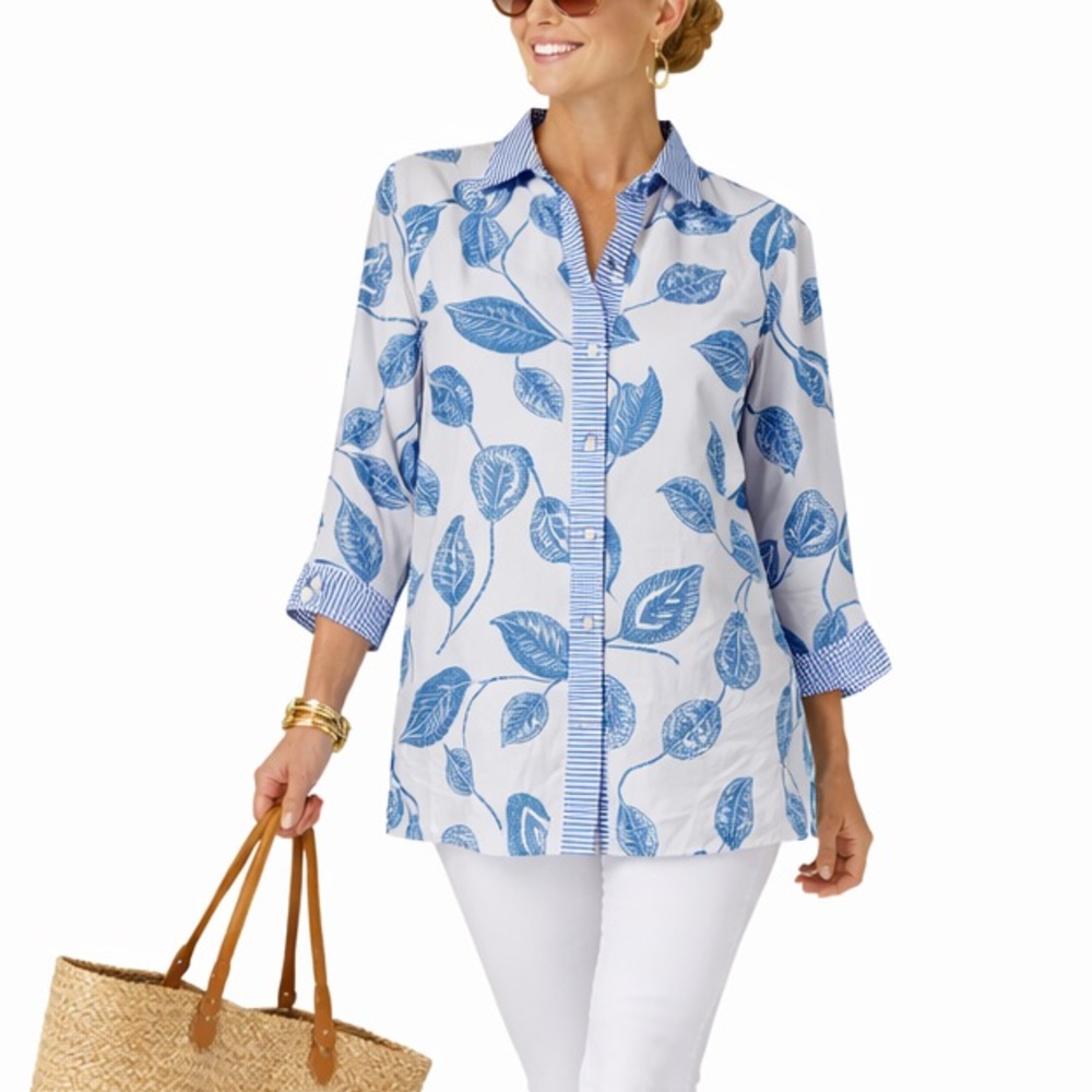 Gretchen Scott blue and white button shirt tunic cotton 3/4 sleeve Size S